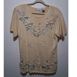 BENTLEY Womens Cream Floral Applique Knit Short Sleeve Sweater Top Size S